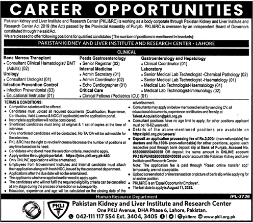 Jobs in Pakistan Kidney & Liver Institute & Research Center Lahore